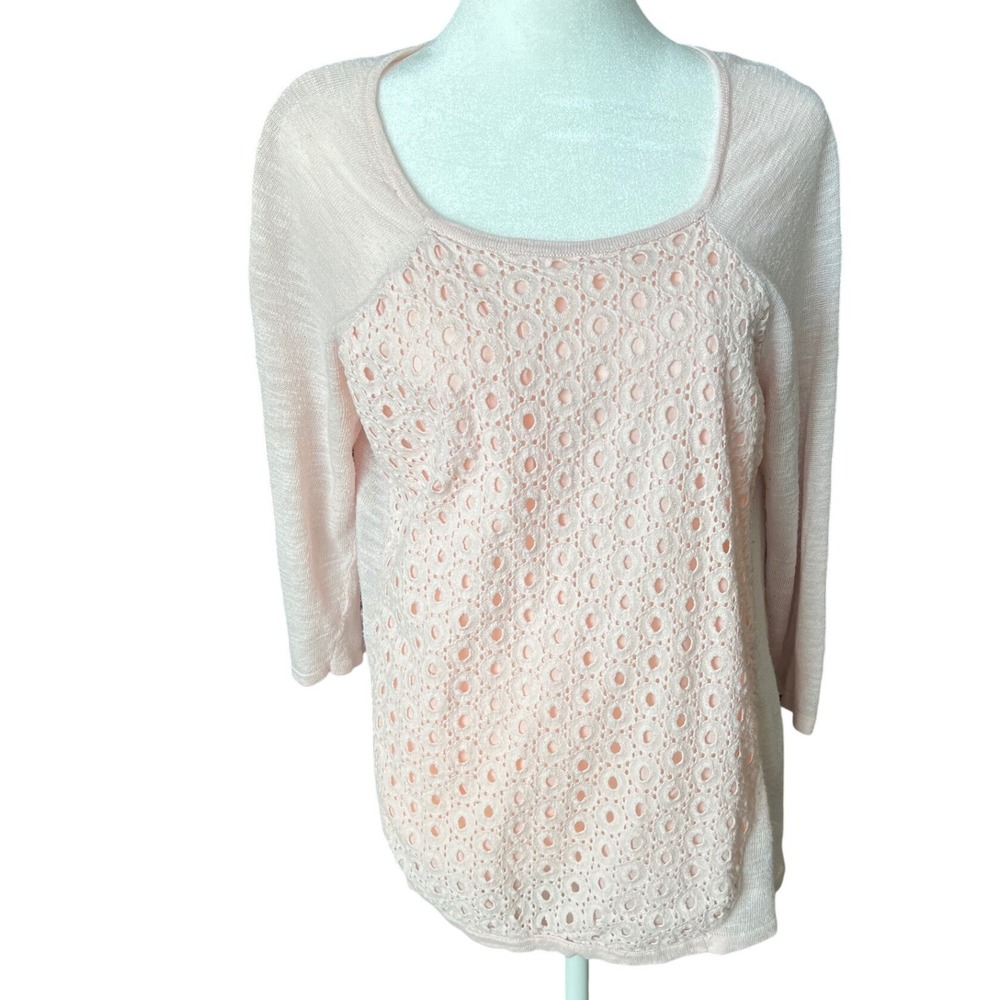 ELLE Womens XL Pale Pink Eyelet Lace Front 3/4Sleeve Knit Top Lightweight Raglan